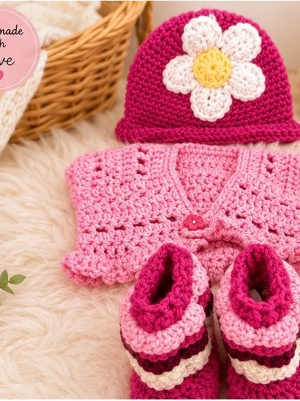 Handmade Crochet Newborn Gift Set - Hat, Sweater & Booties - Daisy Flower